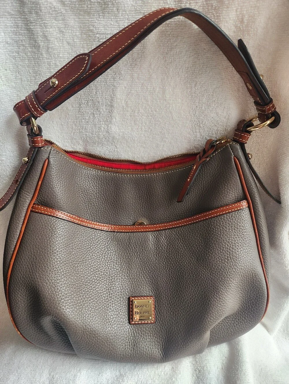 Dooney & Bourke Elephant Gray Pebbled Leather Hobo with Tan Trim Shoulder Bag